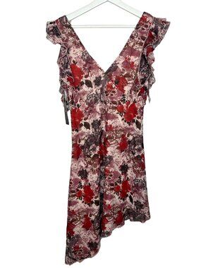 Almost Famous Women Medium Pink Red Floral Ruffle Dress Cottagecore V Neck